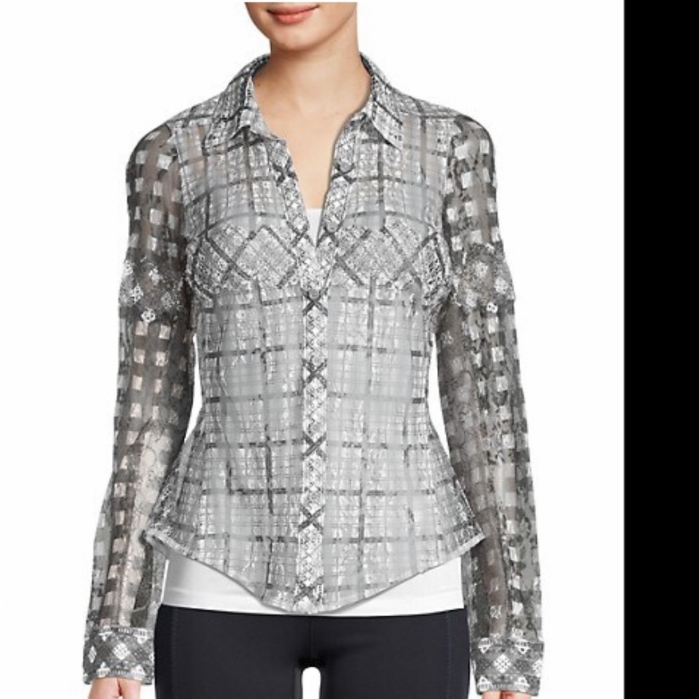 In Earnest by Byron Lars Plaid Lace Button-Down Shirt Size 8